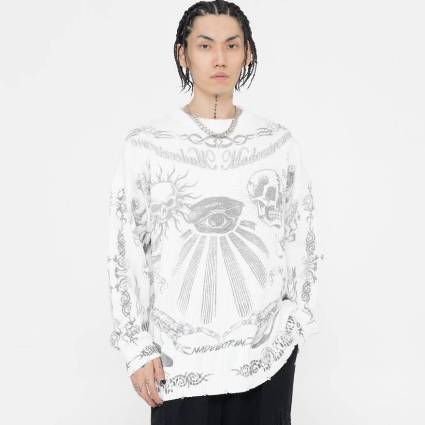 Skull Pattern Distressed Knit Sweater