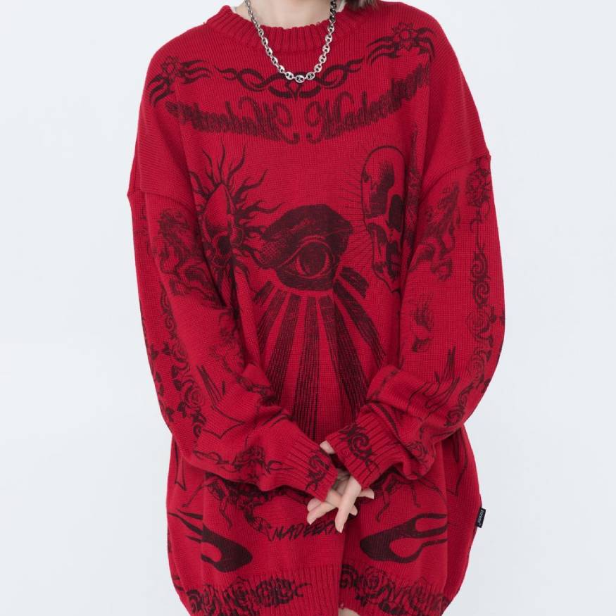 Skull Pattern Distressed Knit Sweater