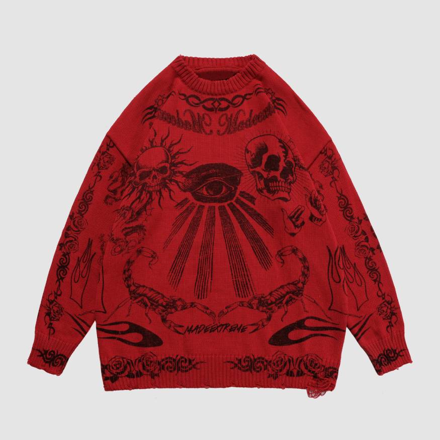 Skull Pattern Distressed Knit Sweater