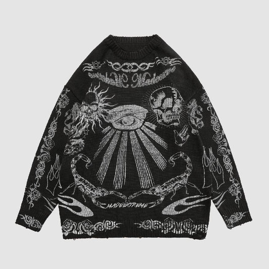 Skull Pattern Distressed Knit Sweater