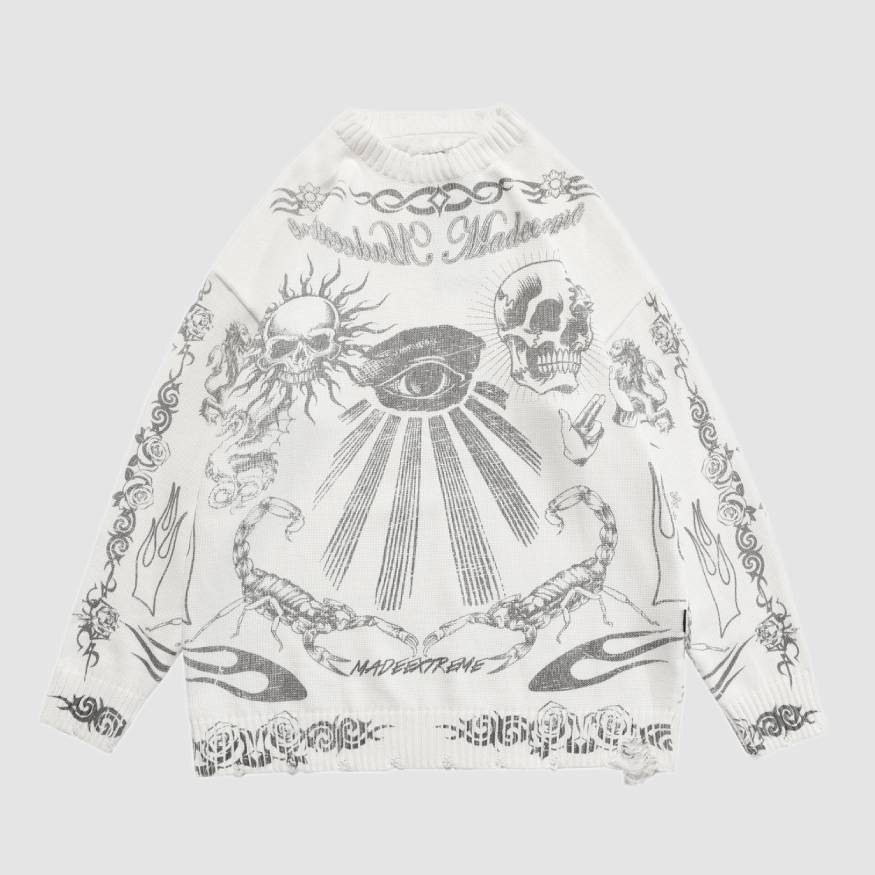 Skull Pattern Distressed Knit Sweater