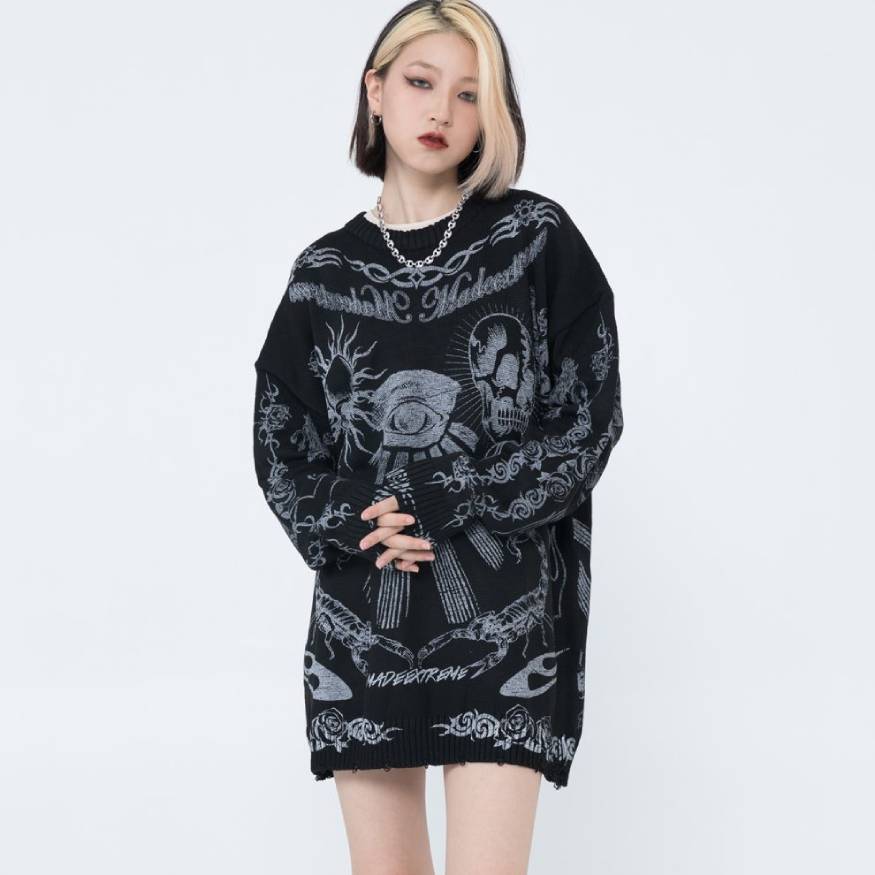 Skull Pattern Distressed Knit Sweater