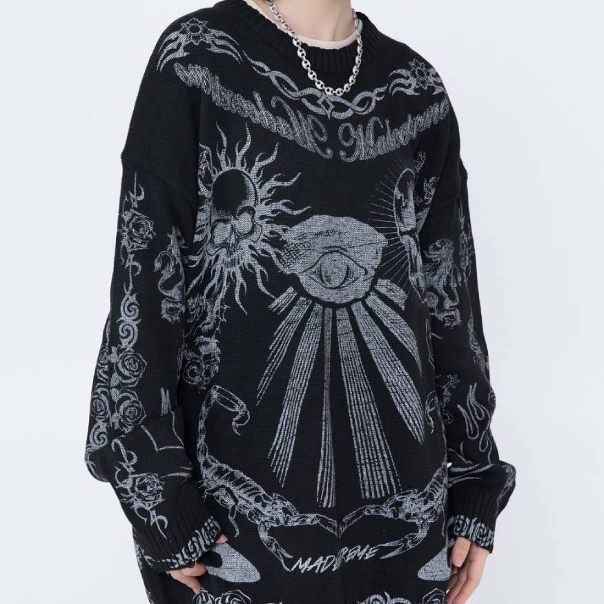 Skull Pattern Distressed Knit Sweater