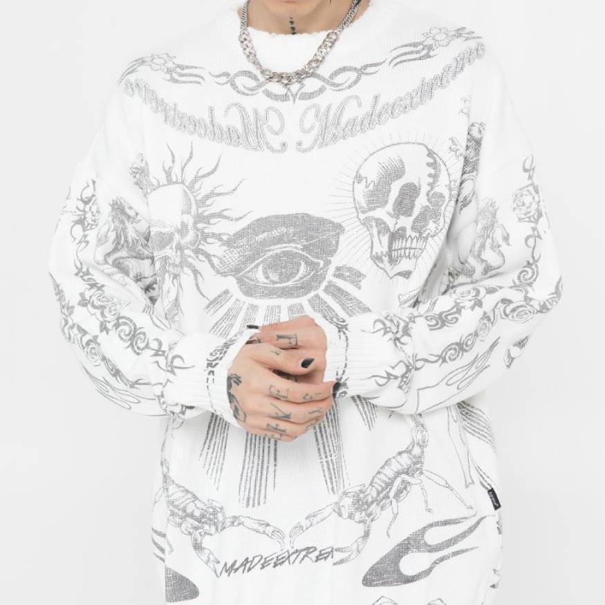Skull Pattern Distressed Knit Sweater