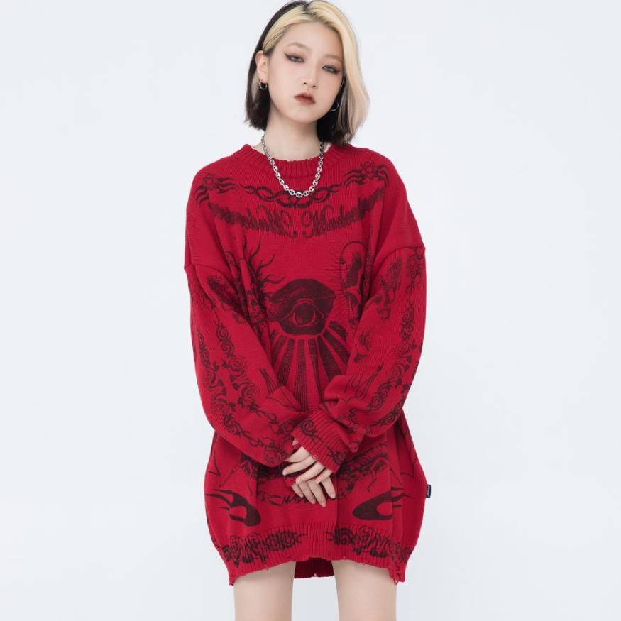 Skull Pattern Distressed Knit Sweater