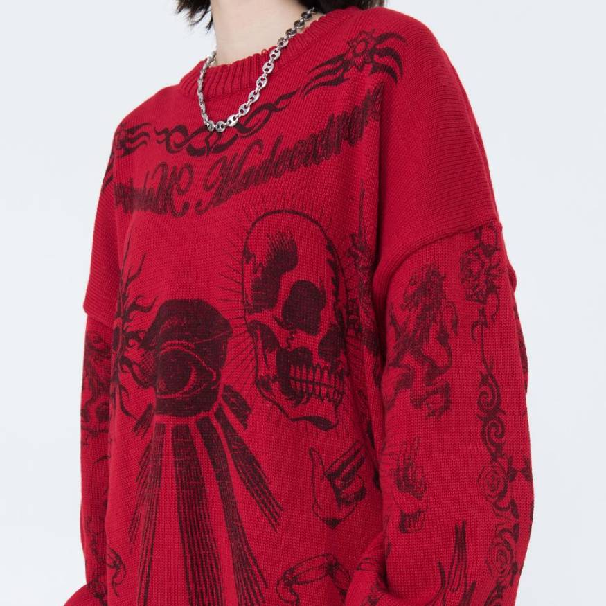 Skull Pattern Distressed Knit Sweater